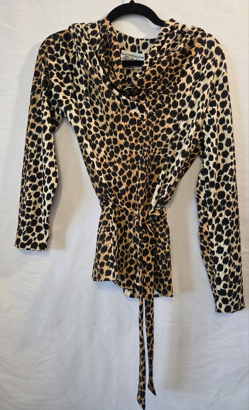 Vintage #Leopard #Amimal Print Print Cowl Neck Tie Waist Blouse 12